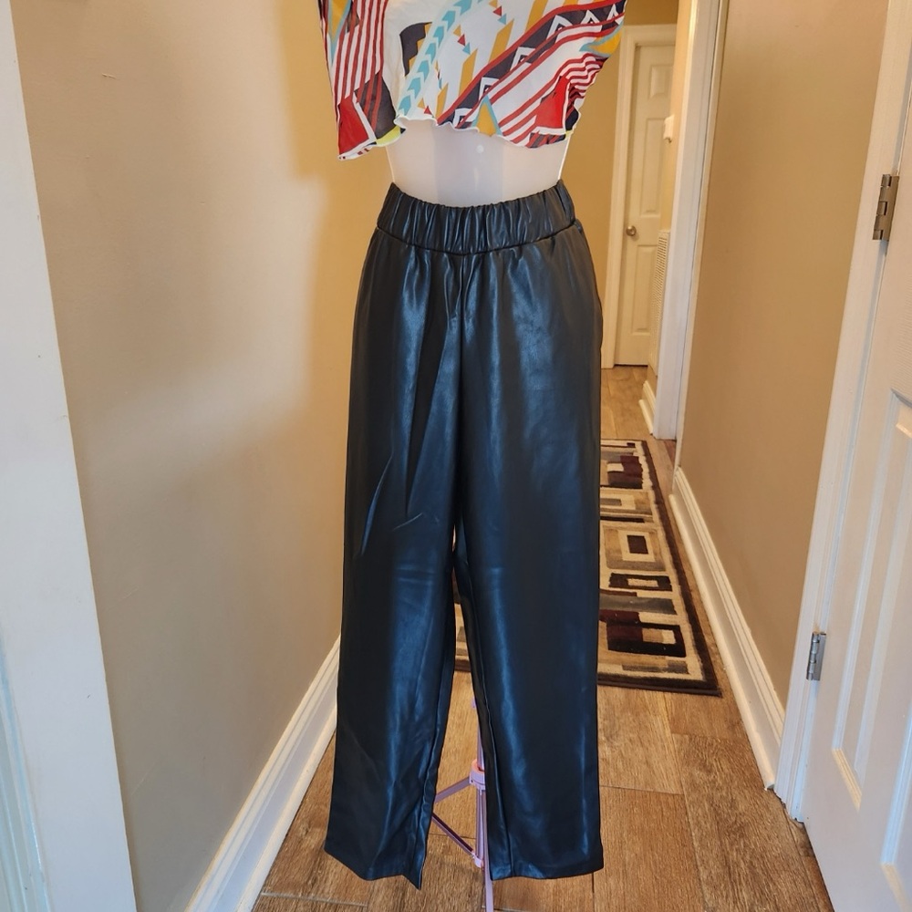 Black Faux Leather Wide-Leg Pants
